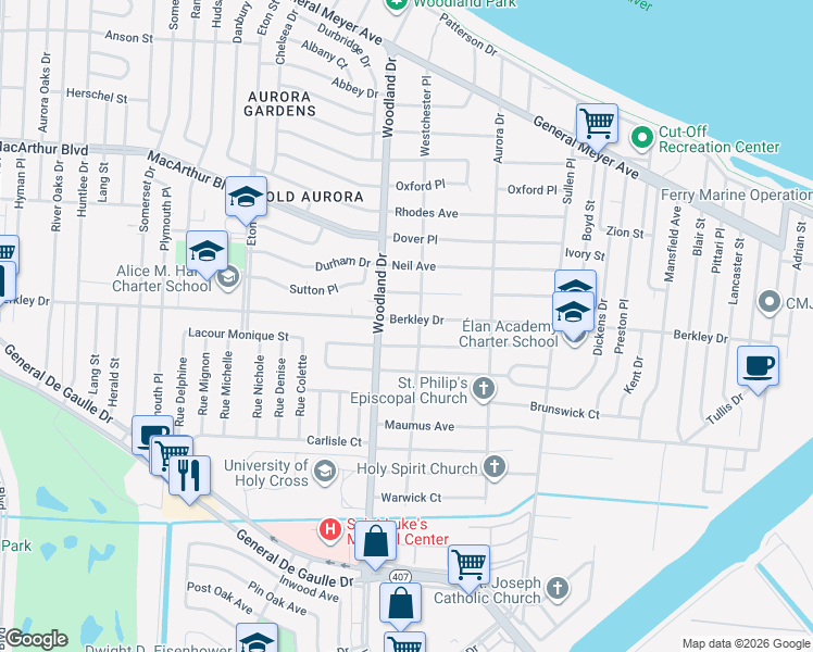 map of restaurants, bars, coffee shops, grocery stores, and more near 201 Berkley Drive in New Orleans