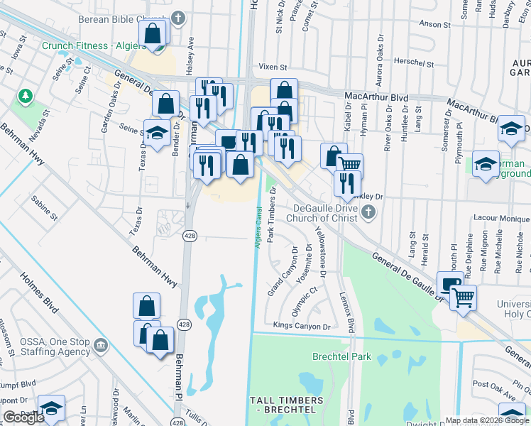 map of restaurants, bars, coffee shops, grocery stores, and more near 19 Park Timbers Drive in New Orleans