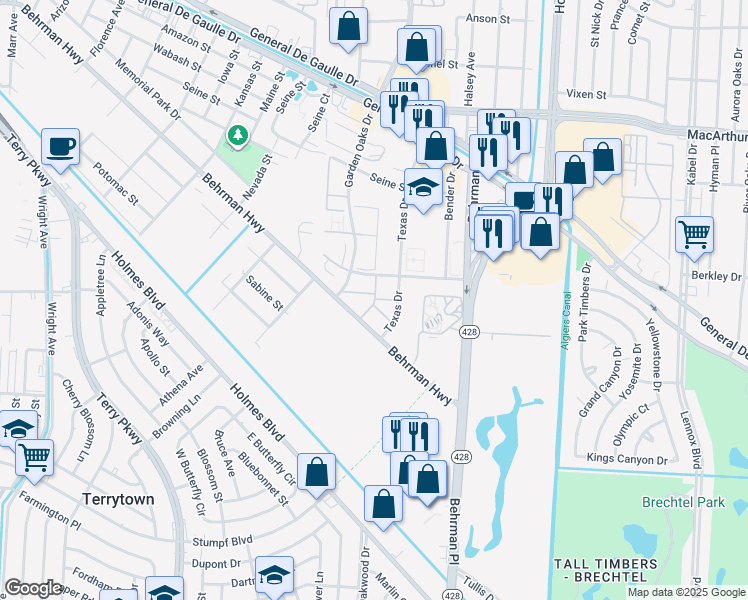 map of restaurants, bars, coffee shops, grocery stores, and more near 3815 Texas Drive in New Orleans