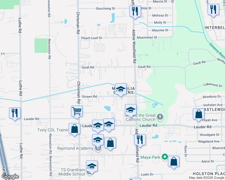 map of restaurants, bars, coffee shops, grocery stores, and more near 1717 Strawn Road in Houston