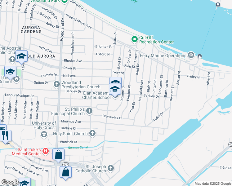 map of restaurants, bars, coffee shops, grocery stores, and more near 6501 Berkley Drive in New Orleans