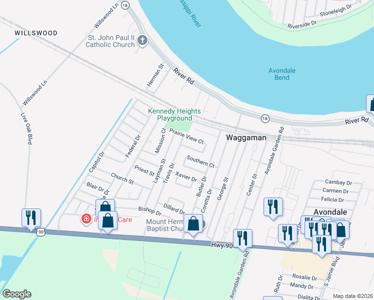 map of restaurants, bars, coffee shops, grocery stores, and more near 105 Prairie View Court in Westwego