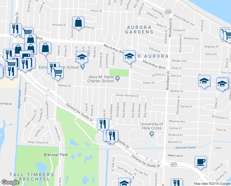 map of restaurants, bars, coffee shops, grocery stores, and more near 5140 Lacour Monique Street in New Orleans
