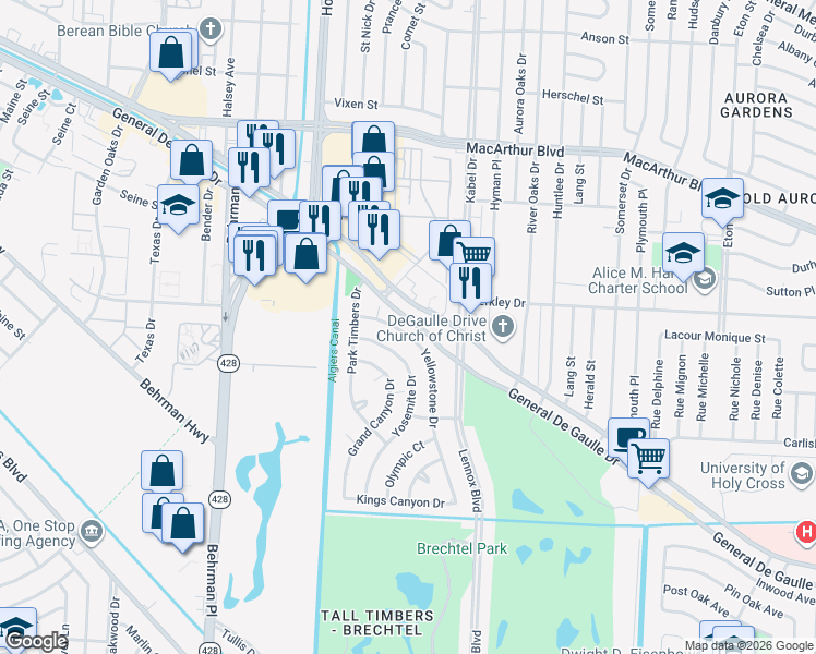 map of restaurants, bars, coffee shops, grocery stores, and more near 18 Yellowstone Drive in New Orleans