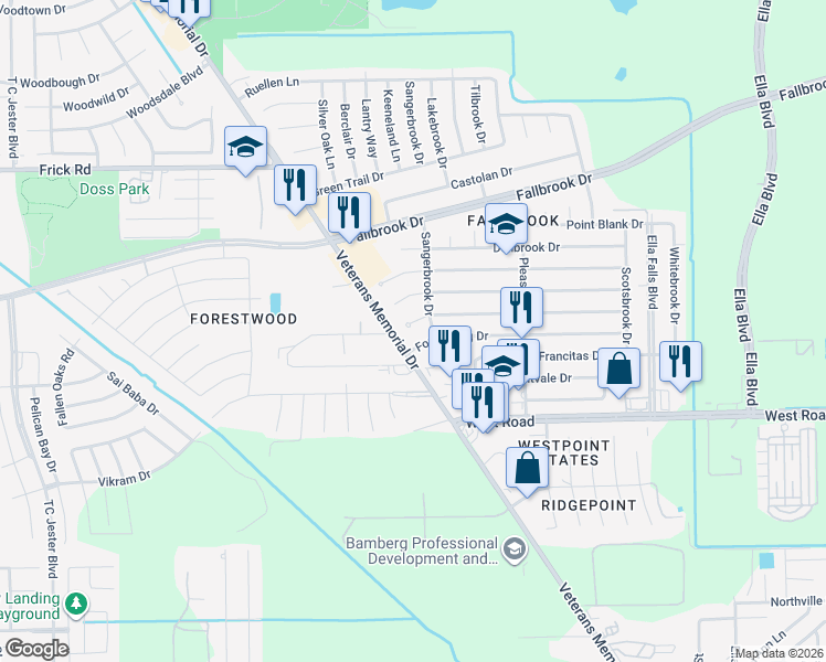 map of restaurants, bars, coffee shops, grocery stores, and more near 1306 Forestburg Drive in Houston
