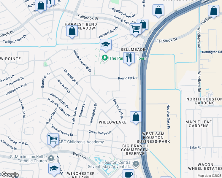 map of restaurants, bars, coffee shops, grocery stores, and more near 9606 Bending Willow Lane in Houston