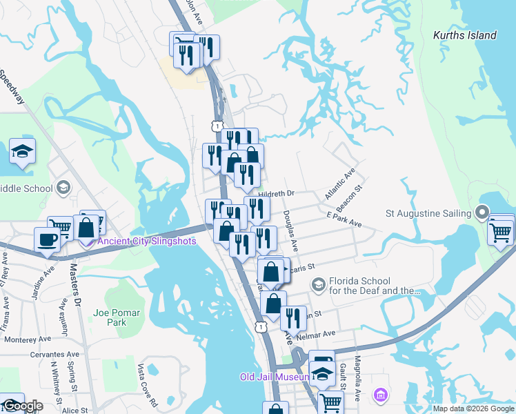 map of restaurants, bars, coffee shops, grocery stores, and more near 270 San Marco Avenue in St. Augustine