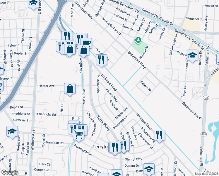 map of restaurants, bars, coffee shops, grocery stores, and more near 104 Amapola Circle in Terrytown