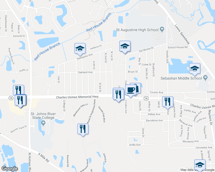 map of restaurants, bars, coffee shops, grocery stores, and more near 2836 North 2nd Street in Saint Augustine