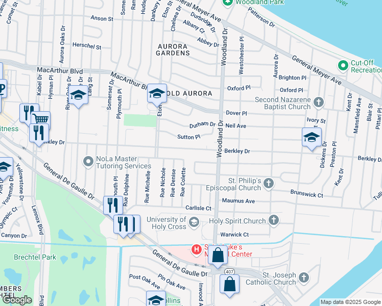 map of restaurants, bars, coffee shops, grocery stores, and more near 5650 Lacour Monique Street in New Orleans
