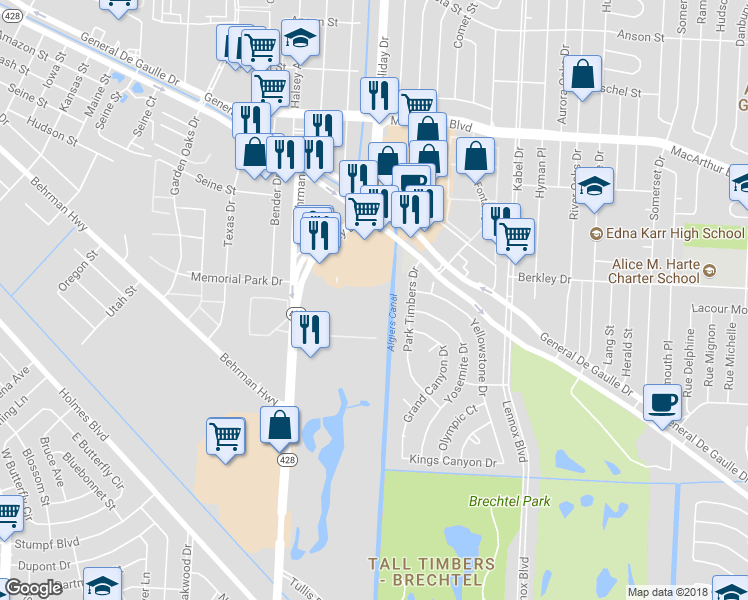 map of restaurants, bars, coffee shops, grocery stores, and more near 19 Park Timbers Drive in New Orleans