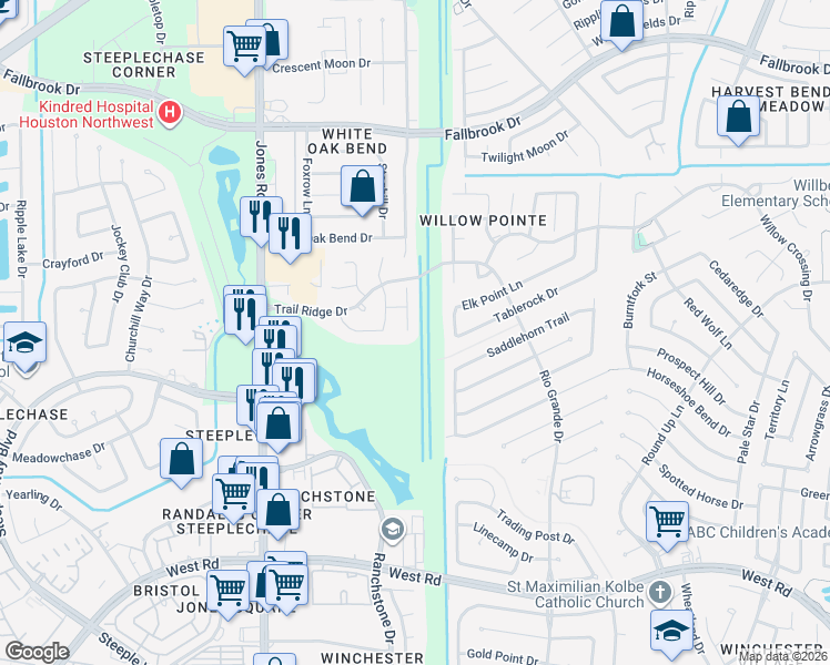 map of restaurants, bars, coffee shops, grocery stores, and more near 10106 Bayou Manor Lane in Houston