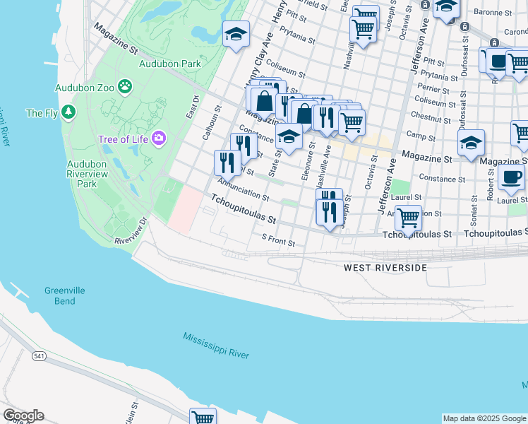 map of restaurants, bars, coffee shops, grocery stores, and more near 5973 Tchoupitoulas Street in New Orleans
