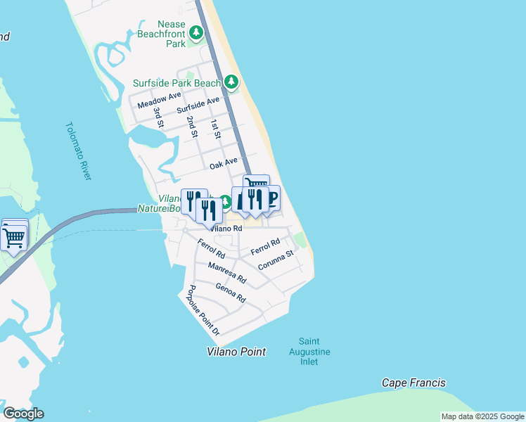 map of restaurants, bars, coffee shops, grocery stores, and more near 2822 Coastal Highway in St. Augustine