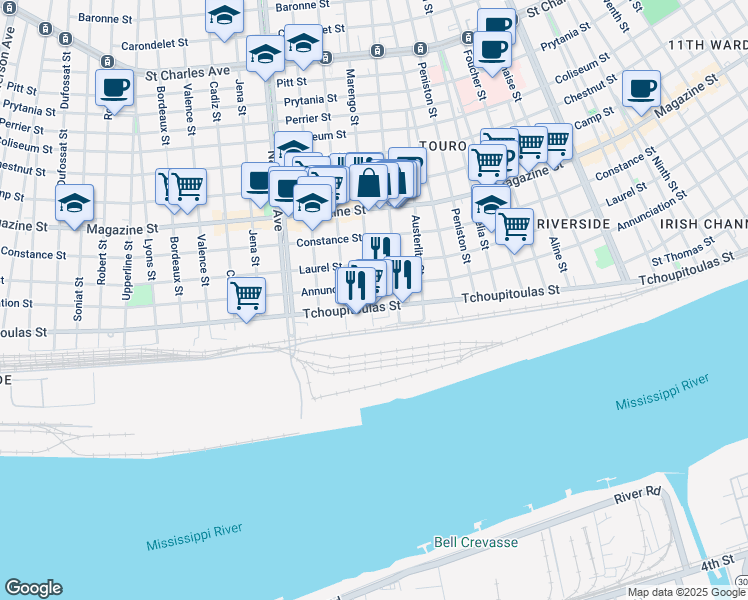 map of restaurants, bars, coffee shops, grocery stores, and more near 4037 Tchoupitoulas Street in New Orleans