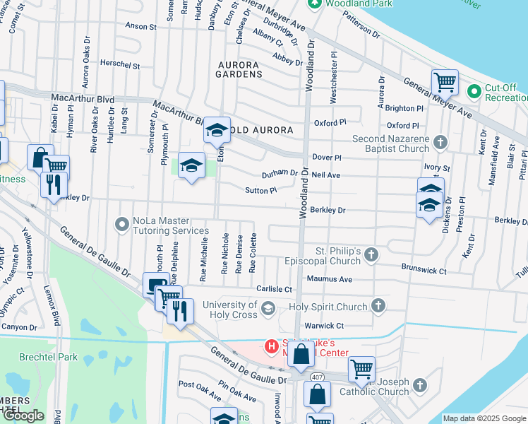 map of restaurants, bars, coffee shops, grocery stores, and more near 5650 Lacour Monique Street in New Orleans