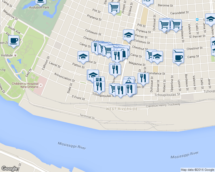 map of restaurants, bars, coffee shops, grocery stores, and more near 341 Octavia Street in New Orleans