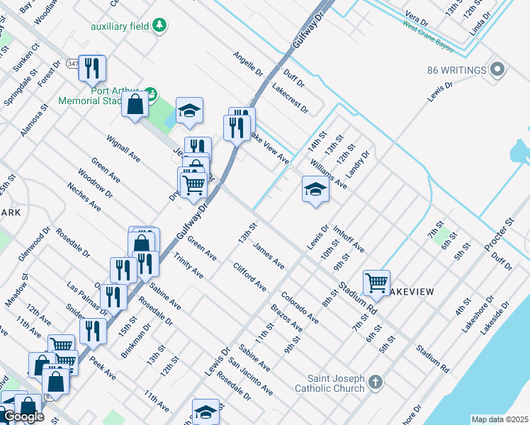 map of restaurants, bars, coffee shops, grocery stores, and more near 1403 Jefferson Drive in Port Arthur