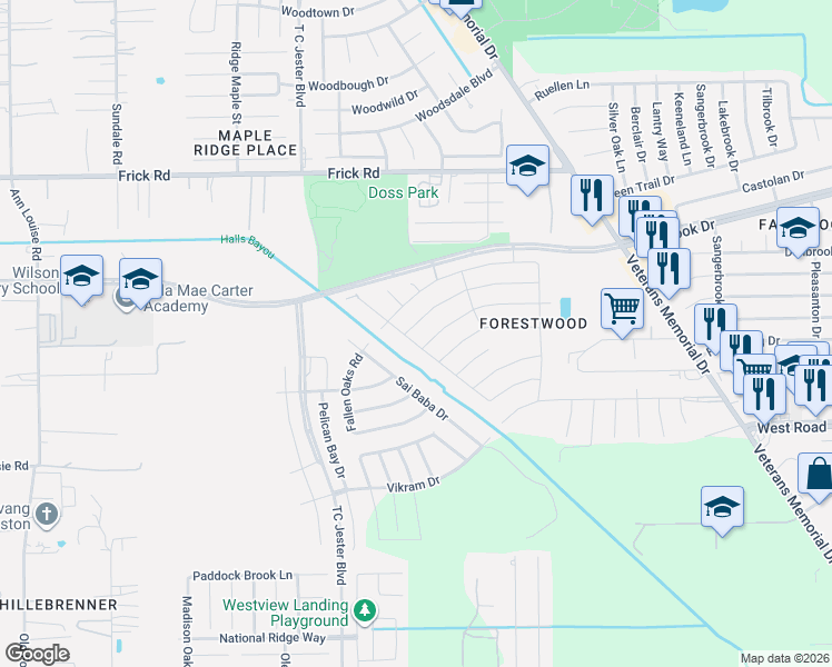 map of restaurants, bars, coffee shops, grocery stores, and more near 12831 Edgewood Park Drive in Houston
