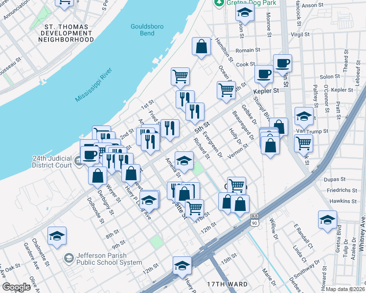 map of restaurants, bars, coffee shops, grocery stores, and more near 200 5th Street in Gretna