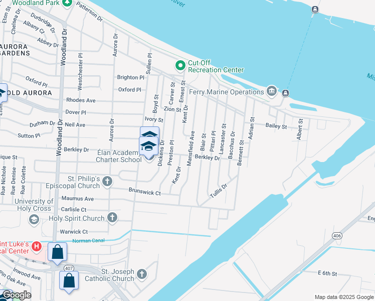 map of restaurants, bars, coffee shops, grocery stores, and more near 6740 Berkley Drive in New Orleans