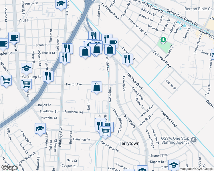 map of restaurants, bars, coffee shops, grocery stores, and more near 1800 Hector Street in Terrytown