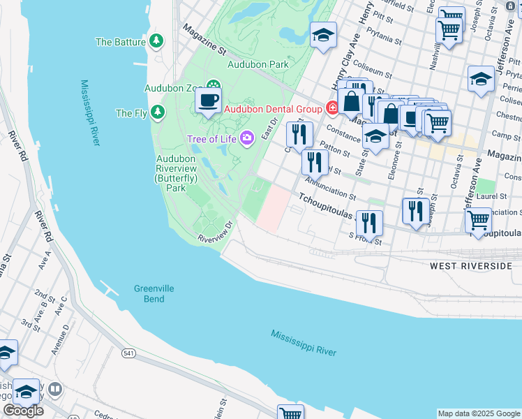 map of restaurants, bars, coffee shops, grocery stores, and more near 200 Henry Clay Avenue in New Orleans