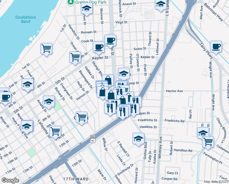 map of restaurants, bars, coffee shops, grocery stores, and more near 2101 Franklin Avenue in Gretna