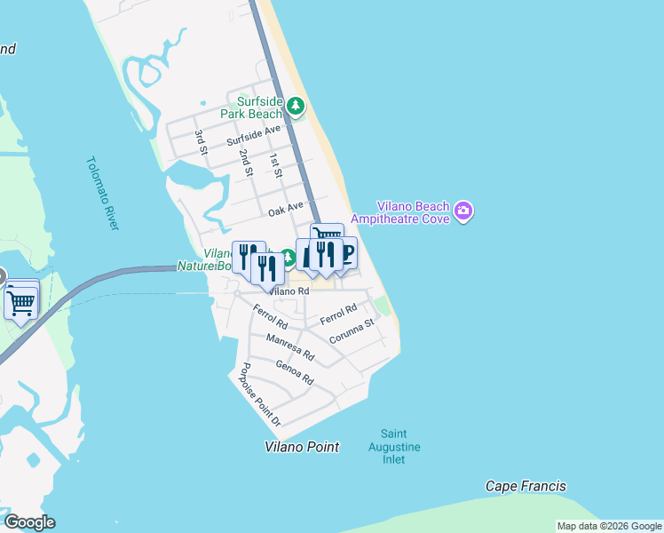 map of restaurants, bars, coffee shops, grocery stores, and more near 2822 Coastal Highway in St. Augustine