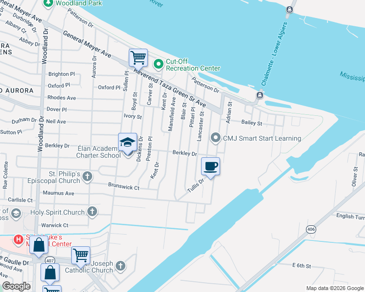 map of restaurants, bars, coffee shops, grocery stores, and more near 3435 Blair Street in New Orleans