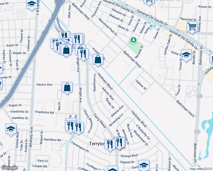 map of restaurants, bars, coffee shops, grocery stores, and more near 104 Amapola Circle in Terrytown
