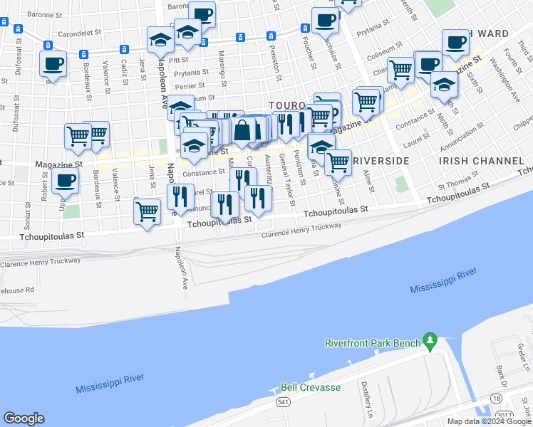 map of restaurants, bars, coffee shops, grocery stores, and more near 3970 Tchoupitoulas Street in New Orleans