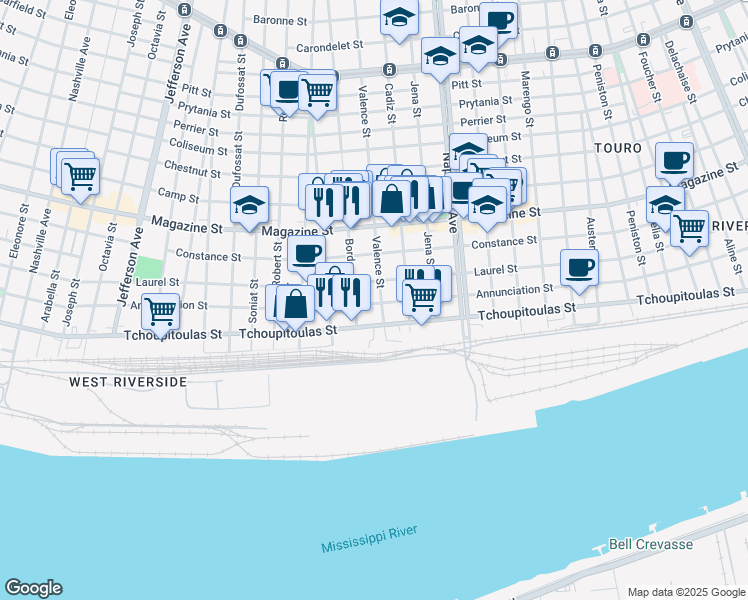 map of restaurants, bars, coffee shops, grocery stores, and more near 528 Valence Street in New Orleans