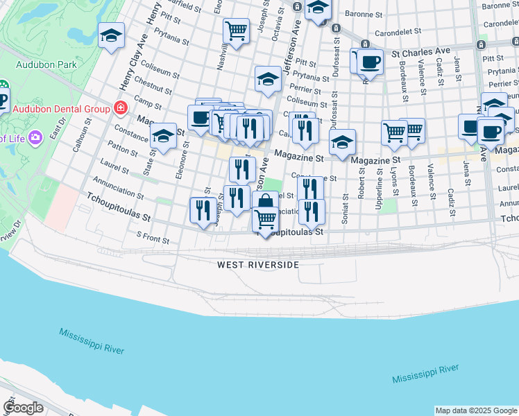 map of restaurants, bars, coffee shops, grocery stores, and more near 5382 Annunciation Street in New Orleans