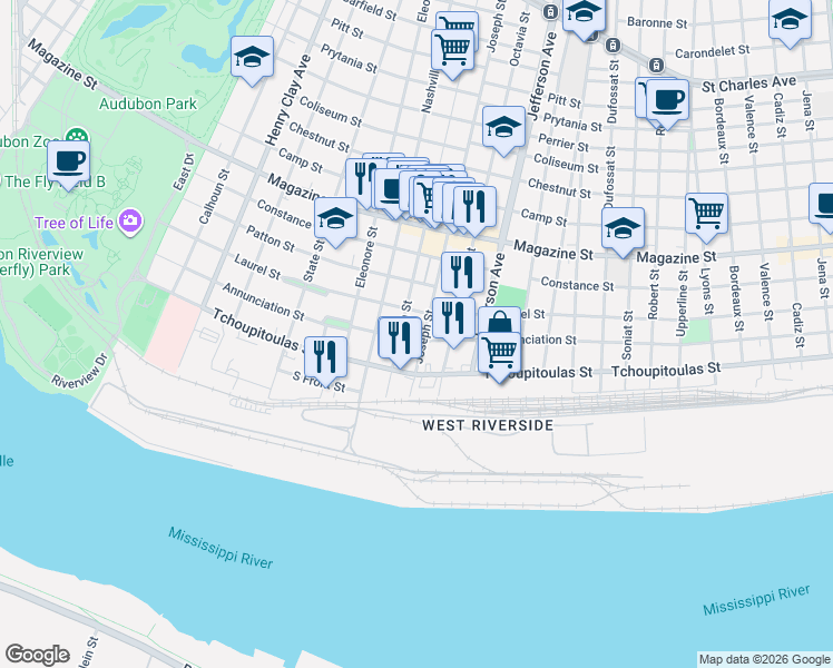 map of restaurants, bars, coffee shops, grocery stores, and more near 5610 Annunciation Street in New Orleans