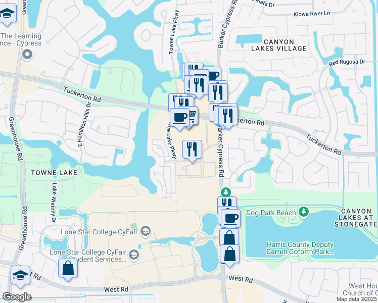 map of restaurants, bars, coffee shops, grocery stores, and more near 17808 Lakecrest View Drive in Cypress