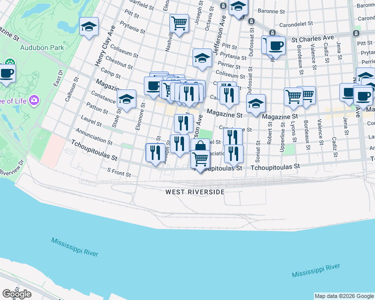 map of restaurants, bars, coffee shops, grocery stores, and more near 5382 Annunciation Street in New Orleans
