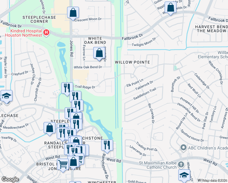 map of restaurants, bars, coffee shops, grocery stores, and more near 10106 Bayou Manor Lane in Houston