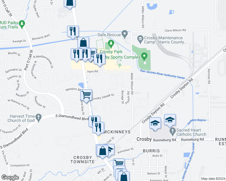 map of restaurants, bars, coffee shops, grocery stores, and more near 322 Annatto Lane in Crosby