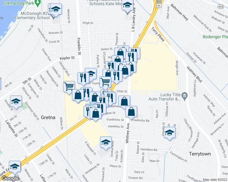 map of restaurants, bars, coffee shops, grocery stores, and more near 1224 Chilo Street in Gretna