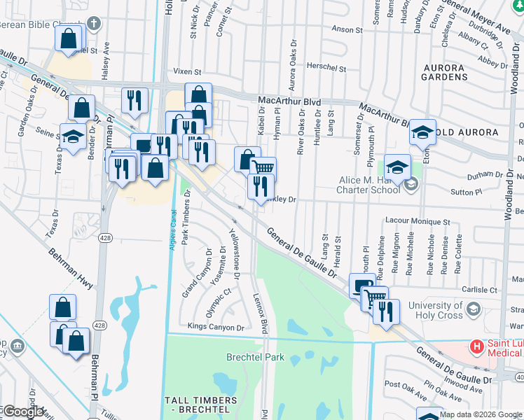 map of restaurants, bars, coffee shops, grocery stores, and more near 3518 Kabel Drive in New Orleans