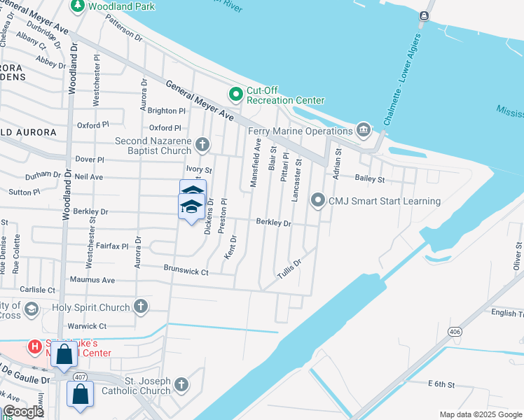 map of restaurants, bars, coffee shops, grocery stores, and more near 3435 Blair Street in New Orleans