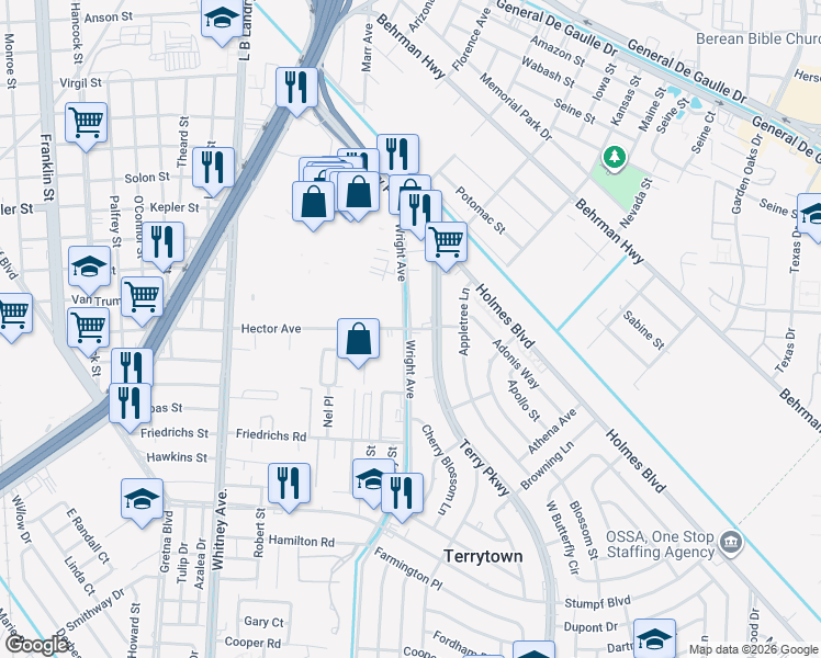 map of restaurants, bars, coffee shops, grocery stores, and more near 1800 Hector Street in Terrytown