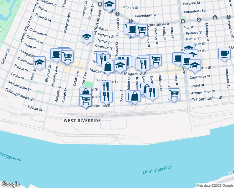 map of restaurants, bars, coffee shops, grocery stores, and more near 5128 Annunciation Street in New Orleans