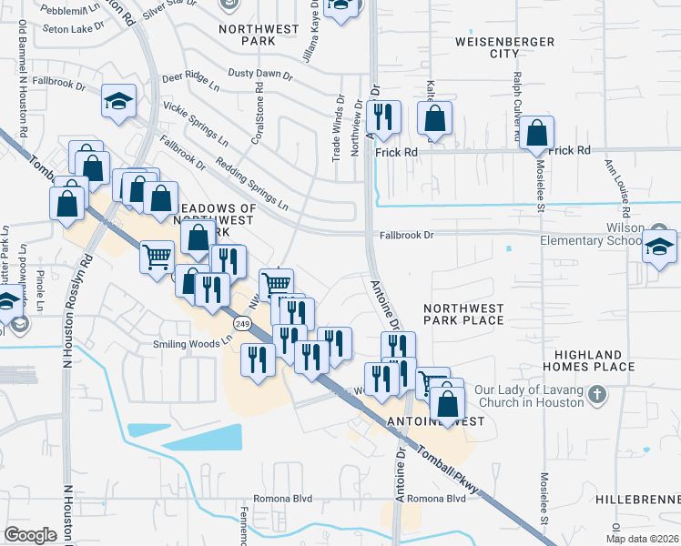 map of restaurants, bars, coffee shops, grocery stores, and more near 6425 Duckett Park Drive in Houston