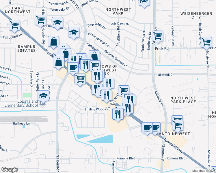 map of restaurants, bars, coffee shops, grocery stores, and more near in Houston