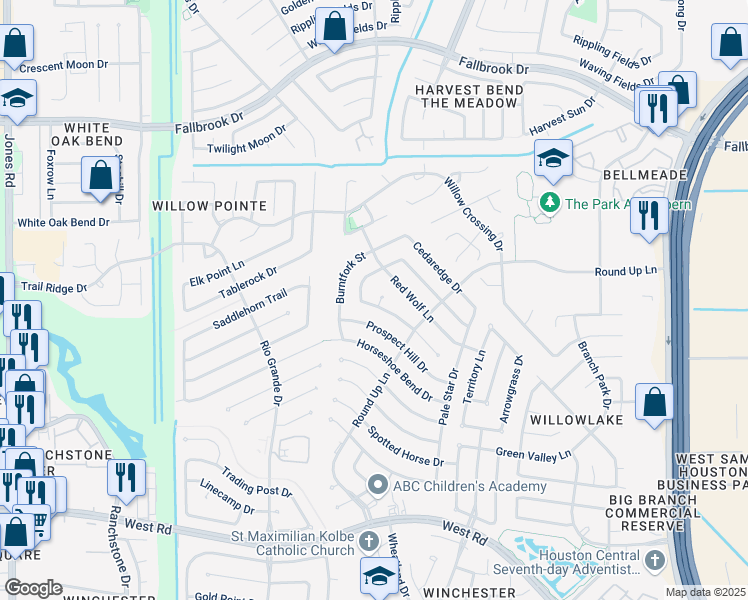map of restaurants, bars, coffee shops, grocery stores, and more near 10143 Wayward Wind Lane in Houston