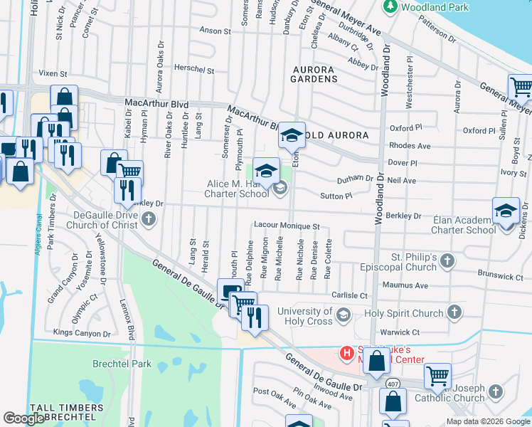 map of restaurants, bars, coffee shops, grocery stores, and more near 5140 Lacour Monique Street in New Orleans