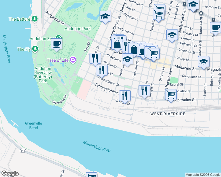 map of restaurants, bars, coffee shops, grocery stores, and more near 6039 Tchoupitoulas Street in New Orleans