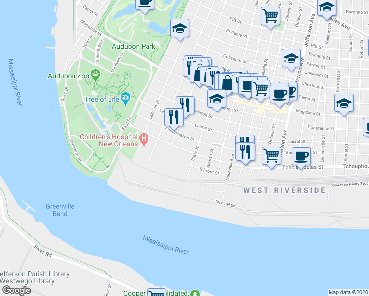 map of restaurants, bars, coffee shops, grocery stores, and more near 6039 Tchoupitoulas Street in New Orleans